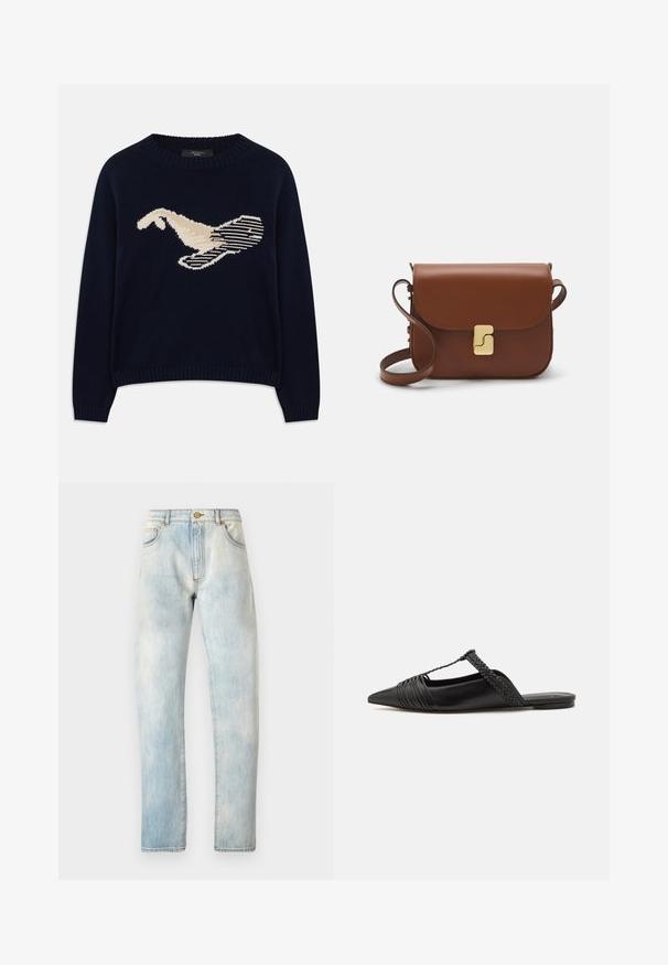 Tumed sinine kudum-sweater, millel on kreemjas värvuses lindude graafika. Kujundus sisaldab lineaarseid mustreid ning soonikkoes krae ja varrukaotsi.; Heledad sinine teksapüksid sirge lõikega, viie taskuga ja nööpidega sulgemine. Kulumisefekt kogu ulatuses, detailide õmblused õmblustel.; Must kuulsad nahast kandadega kingad, millel on terav nina, koos kootud detaili ja volditud ülaosaga. Lame tald minimaalse riistvaraga.; Pruunist nahast käekott, millel on klapiga sulgur, kuldne riistvara, õlarihm ja sile tekstuur. Kompaktne ristkülikukujuline vorm.