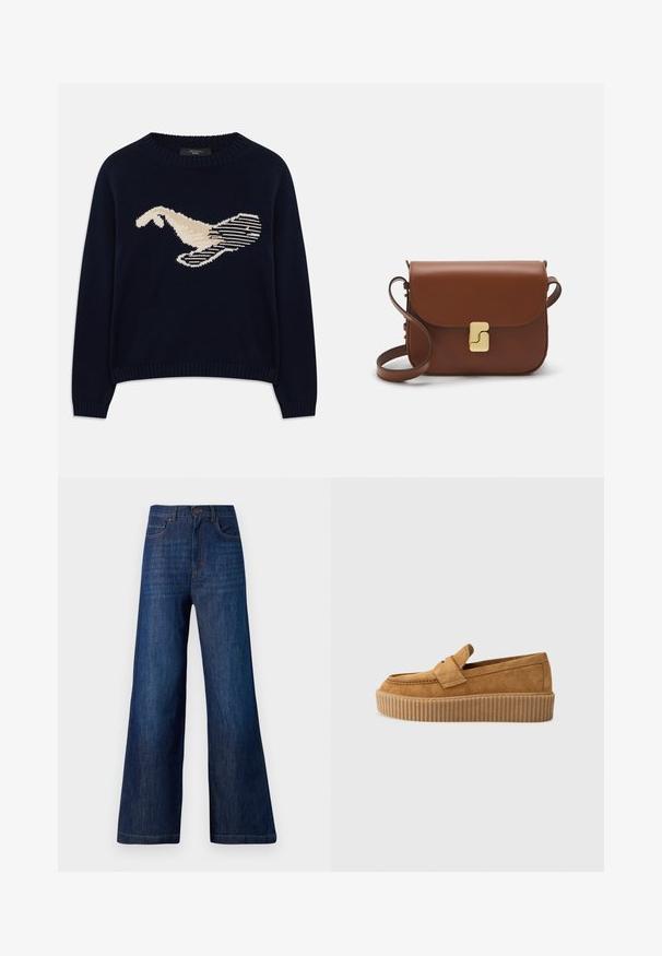 Navy blue knit sweater featuring a cream-colored graphic of a bird. The design includes linear patterns and a ribbed neckline and cuffs.; Wide-leg jeans made of dark blue denim. Features five pockets, a front button closure, and visible stitching along the waistband and hem.; Brown suede loafer with a round toe, featuring a ribbed platform sole and a decorative strap across the upper.; Brown leather handbag with a flap closure, gold-tone hardware, a shoulder strap, and a smooth texture. Compact rectangular shape.