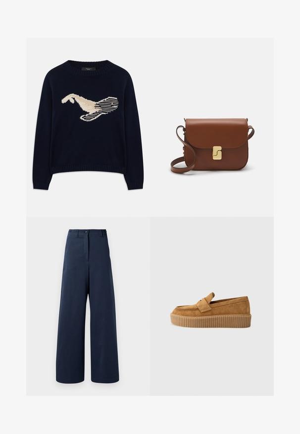 Marineblauwe gebreide trui met een crèmekleurige graphic van een vogel. Het ontwerp bevat lineaire patronen en een geribde halslijn en manchetten.; Marine wijde broek gemaakt van zachte stof, met een hoge taille, twee voor knopen, twee zijzakken en rechte zomen.; Bruine suède instapper met een ronde neus, voorzien van een ribbelige platformzool en een decoratieve band over de bovenkant.; Bruine leren handtas met een klep sluiting, gouden hardware, een schouderband en een gladde textuur. Compact rechthoekige vorm.