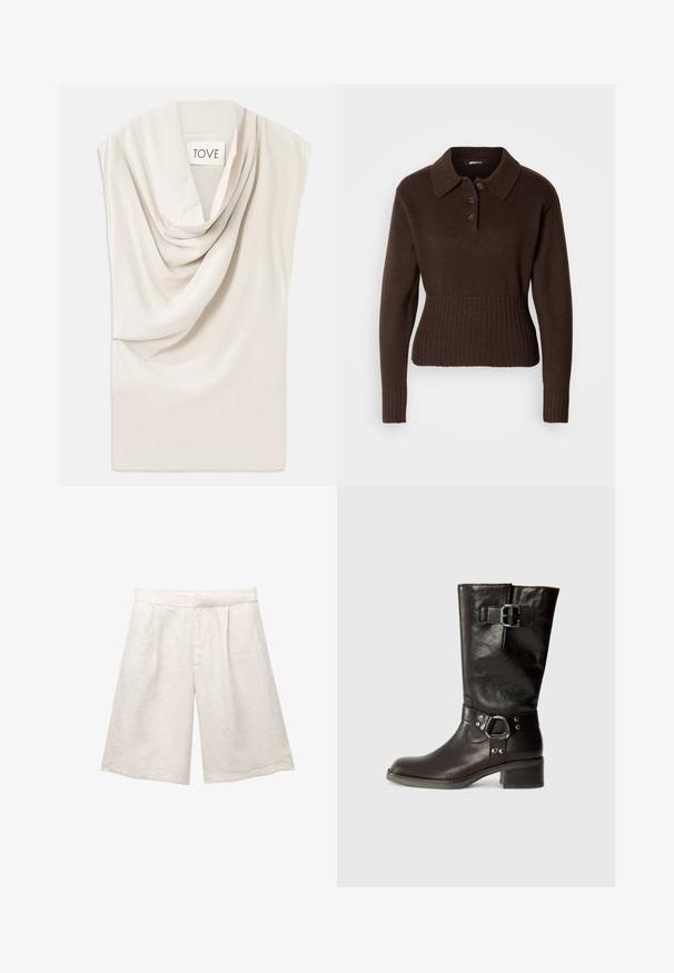 Hnědý pletený svetr s dlouhým rukávem a límcem, se třemi knoflíky na krku a žebrovanými okraji a manžetami, vystavený na bílém pozadí.; Světle béžový top s volným výstřihem, vyrobený z měkké látky. Vyznačuje se jemným leskem a širokým bezrukávovým střihem. Na štítku je napsáno "TOVE."; Beige lněné šortky s širokými nohavicemi, s předními záhyby a hladkým pasem. Materiál má mírně texturovaný povrch.; Hnědé kožené vysoké boty po kolena s kulatou špičkou, bočním detailem na sponě a masivním podpatkem. Hladká textura s kovovými akcenty na pásku.