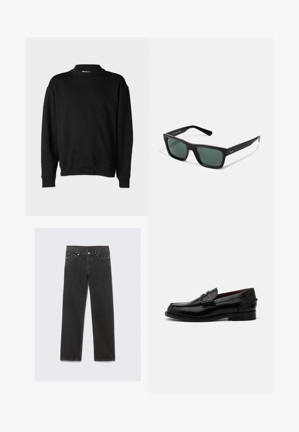 Μαύρη μπλούζα με ψηλό, ραμμένο γιακά, μακριά μανίκια και χαλαρή εφαρμογή. Μαλακό υλικό με ραμμένα μανίκια και στρίφωμα.; Μαύρα τζιν παντελόνια με ίσια γραμμή και κλασικό σχέδιο πέντε τσεπών, με πορτοκαλί ραφές και κλείσιμο με φερμουάρ.; Μαύρα δερμάτινα loafers με ελαφρώς επιμήκη σχήμα, που διαθέτουν ραφές και μικρό τακούνι. Λείο, γυαλιστερό φινίρισμα.; Μαύρα ορθογώνια γυαλιά ηλίου με πράσινους φακούς, που διαθέτουν ματ φινίρισμα, ίσιους βραχίονες και το λογότυπο Ray-Ban στο πλάι.