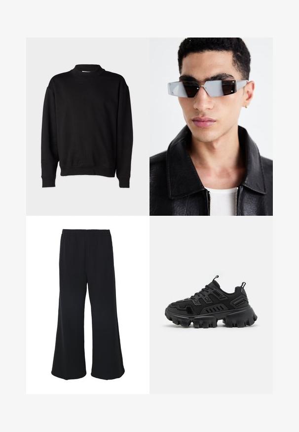 Sweatshirt preto com colarinho alto em canelado, mangas longas e corte descontraído. Textura suave com punhos e bainha em canelado.; Weekday GABRIEL LOOSE TROUSERS - Calças - black; Sapato atlético preto com sola de borracha texturizada, elementos de design em camadas e detalhes reforçados. Inclui atacadores e uma alça no calcanhar.; Óculos de sol angulares com tonalidade cinza e detalhes em prata, contra um fundo claro. As lentes apresentam uma forma geométrica única.