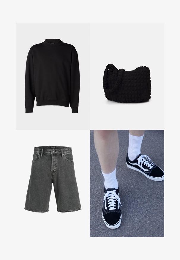 Zwarte sweatshirt met een hoge, geribbelde kraag, lange mouwen en een relaxte pasvorm. Zachte textuur met geribbelde manchetten en onderrand.; Zwarte denim short met een relaxed fit, voorzien van een knoopsluiting, twee frontzakken en een subtiel vervaagd patroon. Klassiek vijfzakken ontwerp.; Zwarte suède sneakers met witte accenten en veters, gecombineerd met witte geribde crew sokken, geplaatst op een gestructureerd grijs oppervlak.; Zwarte stoffen tas met een gestructureerd, gewatteerd patroon. Rondvormig, korte, dikke handvatten en een zachte, flexibele structuur.; Set van zeven zilveren ringen met verschillende ontwerpen, waaronder gedraaide, verbonden en gegraveerde patronen. Verschillende vormen en breedtes.