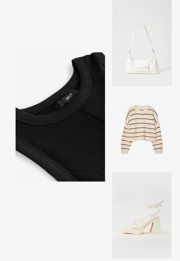 Pull crème avec des rayures horizontales marron, doté d'un col rond, d'un ourlet court et de poignets côtelés. Matière en tricot douce.; Débardeur noir à côtes avec un col rond, en tissu texturé, et une étiquette avec le nom de la marque "NEXT" cousue dans le col.; Sandale blanche à talons hauts avec un talon épais, présentant un design à lanières et un lien autour de la cheville. Texture lisse avec une plateforme à l'avant pour une hauteur supplémentaire.; Sac à main synthétique blanc en forme triangulaire, avec un rabat avant plat et un détail en nœud, une bandoulière ajustable, une texture lisse et un design minimaliste.