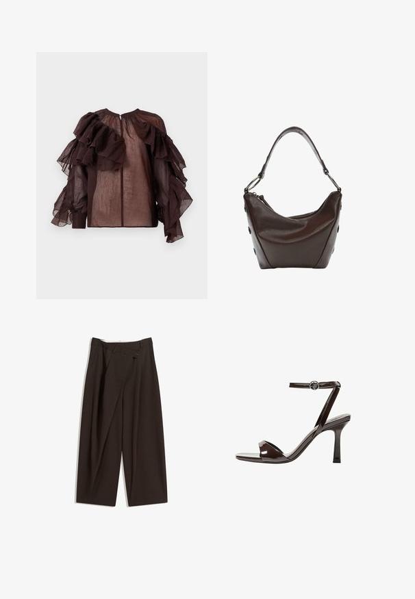 Maglione crema con strisce orizzontali marroni, dotato di scollo rotondo, orlo corto e polsini a costina. Materiale in maglia morbido.; Blusa trasparente scura con voluminose rouches a strati sulle maniche e sul petto, scollatura arricciata e chiusura con bottoni sul retro.; Pantaloni a gamba larga marrone scuro con vita alta, dotati di una chiusura con bottone singolo e una parte anteriore plissettata. Realizzati in tessuto leggero.; Sandalini con tacco alto in pelle verniciata marrone, con cinturino alla caviglia, punta aperta e un design elegante e minimalista. Presentano un tacco quadrato.; Borsa in pelle marrone scuro con forma curvata, chiusura con zip e manico corto. Caratterizzata da hardware in metallo e bottoni neri decorativi sul lato.