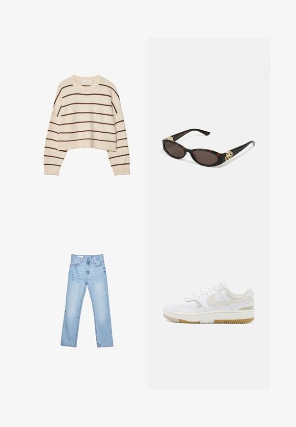 Kerman neule, jossa on ruskeat vaakasuorat raidoitukset, pyöreä kaula-aukko, lyhennetty helma ja ribbausvarret. Pehmeä neulosmateriaali.; Vaaleansiniset farkut suoran leikkauksen, viiden taskun muotoilun ja näkyvän ompelun kanssa. Keskikorkea vyötärö, jossa on perinteinen nappi- ja vetoketjukiinnitys.; Valkoiset tennarit, joissa on sileä nahkapinta, vaaleanbeigejä yksityiskohtia, rei'itettyjä detaljeja ja vaaleanruskea kumipohja. Minimalistinen muotoilu.; Silmärilakkiset tortoiseshell-aurinkolasit, joissa on pitkänomaiset ovaalit linssit, ruskea sävy, kultaiset logo-koristeet temppeleissä ja sulavalinjaiset mustat varret.