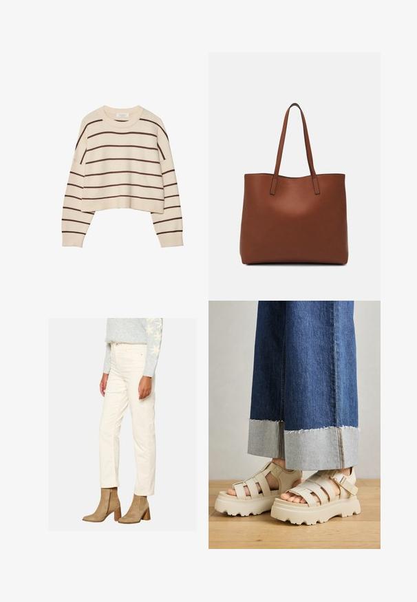 Krema pulover s rjavimi vodoravnimi črtami, s krožnim ovratnikom, skrajšanim robom in rebrastimi manšetami. Mehka pletenina.; Karamelno obarvane kordne hlače s slim fit krojem, ki imajo sprednje žepke in gladko teksturo, v kombinaciji s svetlo rjavimi gležnjarji.; Bež platformske sandale s debelimi podplati imajo trakove in nastavljive gležnjske trakove. Ustrezajo širokim jeans hlačam, pri katerih je eden robov razfrčan.; Rjava usnjena torba z gladko teksturo, odprto zasnovo zgoraj in dvema naramnima trakovoma. Opremljena je z minimalnim šivanjem in brez vidnih kovinskih delov.