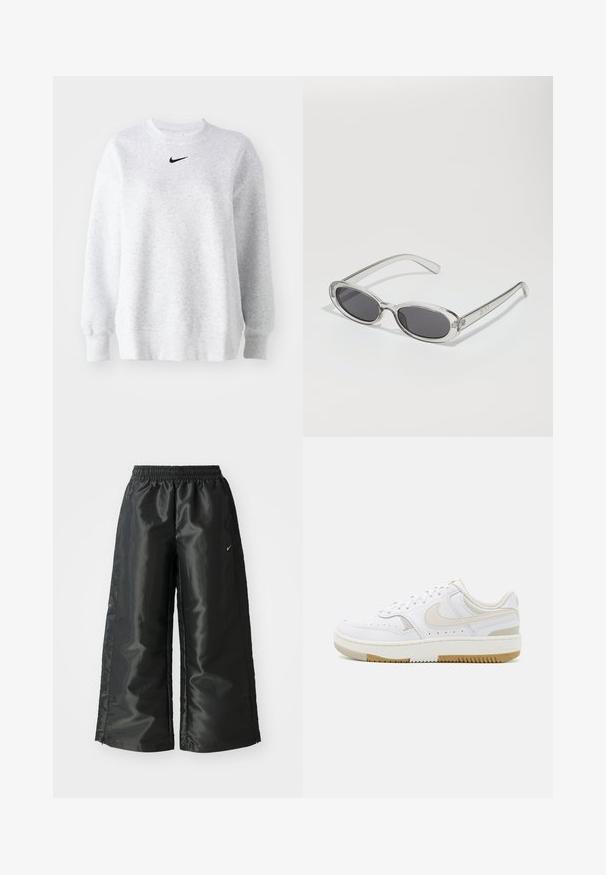 Sivá mikina vyrobená z mäkkej tkaniny s okrúhlym výstrihom, spadnutými ramenami, rebrovanými manžetami a malým čiernym logom Nike na hrudi.; Čierne športové nohavice s lesklým, hladkým materiálom, ktoré majú elastický pás, široké nohavice a malé logo na ľavej strane.; Biele tenisky s hladkým koženým zvrškom, svetlo béžovými akcentmi, perforovanými detailami a hnedou gumovou podrážkou. Minimalistický dizajn.; Slnečné okuliare oválneho tvaru, s priehľadným plastovým rámom, tmavošedými šošovkami a tenkými priehľadnými ramienkami s logovými akcentmi a minimálnym detailovaním.
