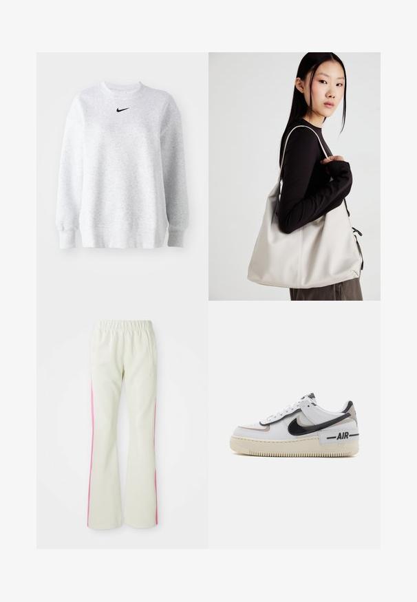 HallGrey sweatpüks, mis on valmistatud pehmest kangast, ümmarguse kaelusega, langenud õlgadega, ribetud mansettidega ja väikese musta Nike logo'ga rinnal.; Heledad beežid püksid elastse vöökoha ja roosade külgmiste paneelidega, mis sisaldavad küljetaskuid. Sile tekstuur ja sirge lõige.; Valge sneaker mustade ja beežide aktsentidega, sujuva nahast ülemise osaga, ümarate varvastega, nööbiga sulgemisega ja tekstureeritud kummist välistalla ka.; Bež käekott pehme materjali, millel on lõtv disain, õmblustega detailid ja kaks õlarihma. Sobib igapäevaseks kasutamiseks.