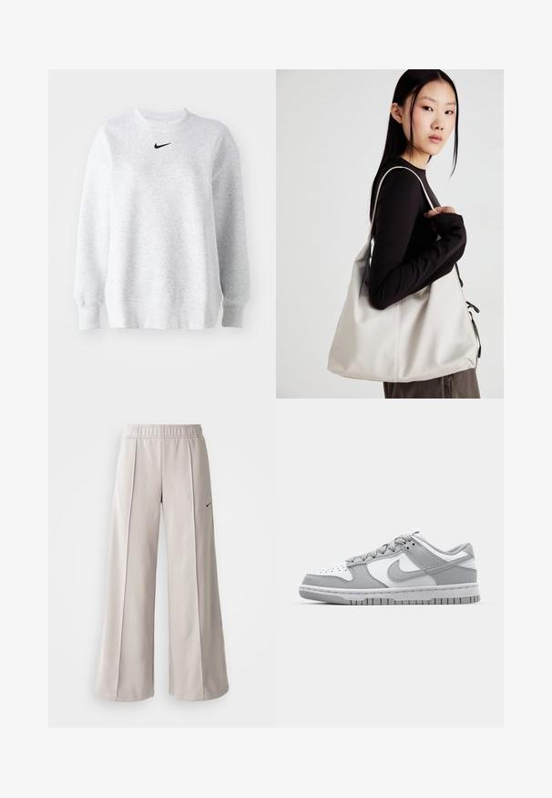 Szürke pulóver puha anyagból, kerek nyakkivágással, ejtett vállakkal, bordázott mandzsettákkal és egy kis fekete Nike logóval a mellkason.; Világosszürke, bő szabású nadrág sima anyagból. Gumírozott derékrésszel és fekete Nike logóval a bal oldalon.; Szürke és fehér alacsony szárú sportcipők bőr és velúr anyagból, perforált orr résszel és gumitalppal. Kiemelkedő swoosh logóval rendelkezik.; Puha anyagból készült bézs kézitáska, laza dizájnnal, varrott részletekkel és két vállpánttal. Mindennapi használatra alkalmas.