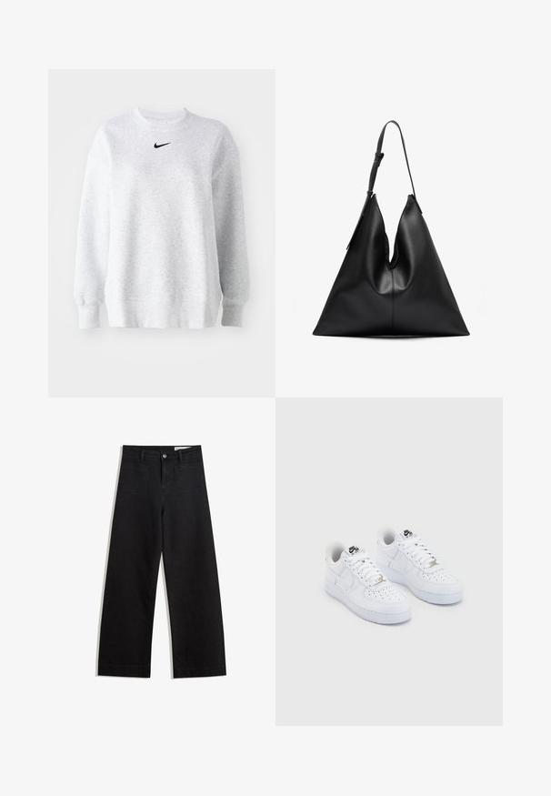 Szürke pulóver puha anyagból, kerek nyakkivágással, ejtett vállakkal, bordázott mandzsettákkal és egy kis fekete Nike logóval a mellkason.; Fekete, bő szabású farmernadrág magas derékkal, elülső és hátsó zsebekkel, varrott felületekkel és gombos záródással. Sima textúra.; Fehér Nike Air Force 1 cipők sima bőr felsőrésszel, perforált orr résszel, fehér fűzőkkel és fekete márkázással a nyelvén.; Fekete bőr, háromszög alakú kézi táska egyetlen állítható vállpánttal, puha, enyhén leomló szerkezettel.