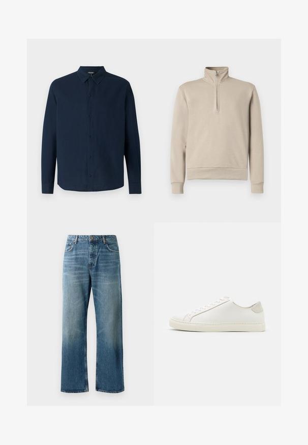 Felpa beige con collo alto e zip frontale a metà, maniche lunghe e polsini e orlo a costine. Tessuto morbido, design minimal.; Ron Dorff Camicia - deep ocean; Maglietta henley a maniche lunghe verde scuro in cotone, con scollo rotondo, cinque bottoni bianchi e polsini a costine. Texture liscia.; Jeans a palazzo azzurri chiari con lavaggio sbiadito, dotati di chiusura con un bottone, cinque tasche e cuciture in contrasto.; Sneaker bianca in pelle con superficie liscia, punta rotonda e design minimalista. Presenta dettagli beige sul tallone e una suola in gomma.