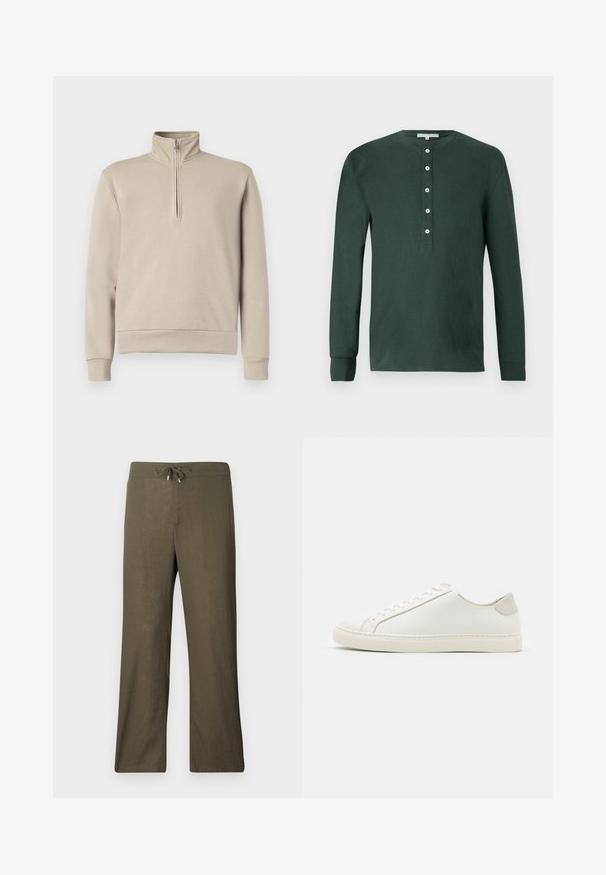 Bež mock neck sweatshirt pooldava lukuga, pikkade varrukatega ja soonikute äärtega. Pehme kangas, minimaalne disain.; Tumedat rohelised pikkade varrukatega henley särk, mis on valmistatud puuvillast, omab ümmargust kaela, viit valget nööpi ja soonikkoes mansette. Sile tekstuur.; Laiad, oliivrohelised linased püksid, millel on nööriga vöökoht ja laiad sääred. Sile tekstuur, minimalistlik disain, ilma nähtavate mustrite või aksessuaarideta.; Valge nahast sneaker, millel on sile pind, ümar varvas ja minimalistlik disain. Omab beeže aktsente kontsas ja kummist tallat.