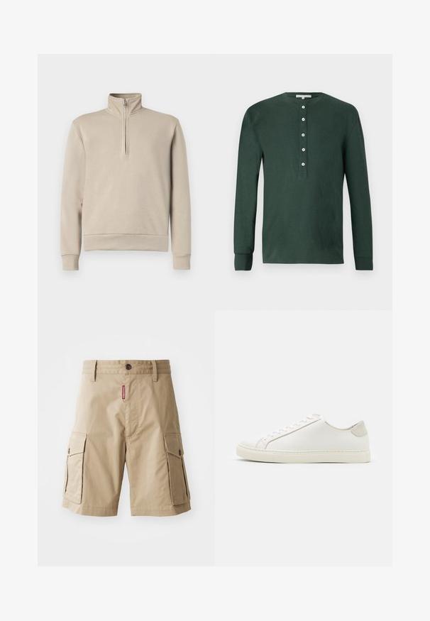 Beige mock neck sweatshirt with a half-zip front, long sleeves, and ribbed cuffs and hem. Soft fabric texture, minimal design.; Dark green long-sleeve henley shirt made of cotton, featuring a crew neckline, five white buttons, and ribbed cuffs. Smooth texture.; Beige cargo shorts made of cotton blend, featuring two side pockets, a button closure, and a red label sewn on the front.; White leather sneaker with a smooth surface, round toe, and minimalistic design. Features beige accents on the heel and a rubber sole.