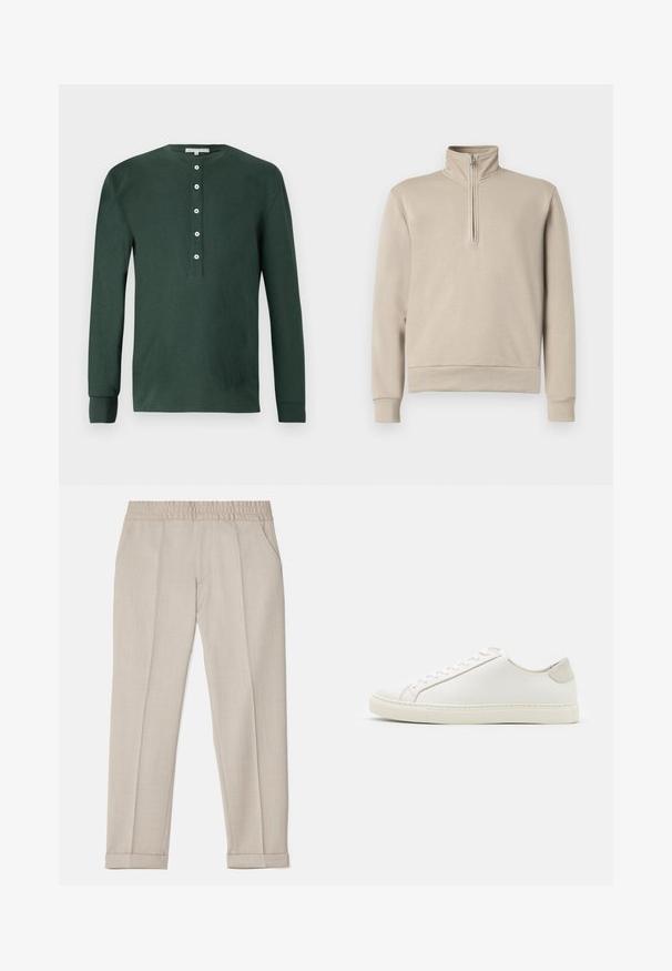 Beige Sweatshirt mit kurzer Frontreißverschluss und Stehkragen, langen Ärmeln sowie gerippten Bündchen und Saum. Weicher Stoff mit minimalistischem Design.; Dunkelgrünes Langarm-Henley-Shirt aus Baumwolle mit Rundhalsausschnitt, fünf weißen Knöpfen und gerippten Bündchen. Glatte Textur.; Filippa K TERRY CROPPED TROUSERS - Stoffhose - sage melange; Weiße Leder Sneakers mit glatter Oberfläche, runder Zehenform und minimalistischem Design. Mit beigen Akzenten an der Ferse und einer Gummisohle.