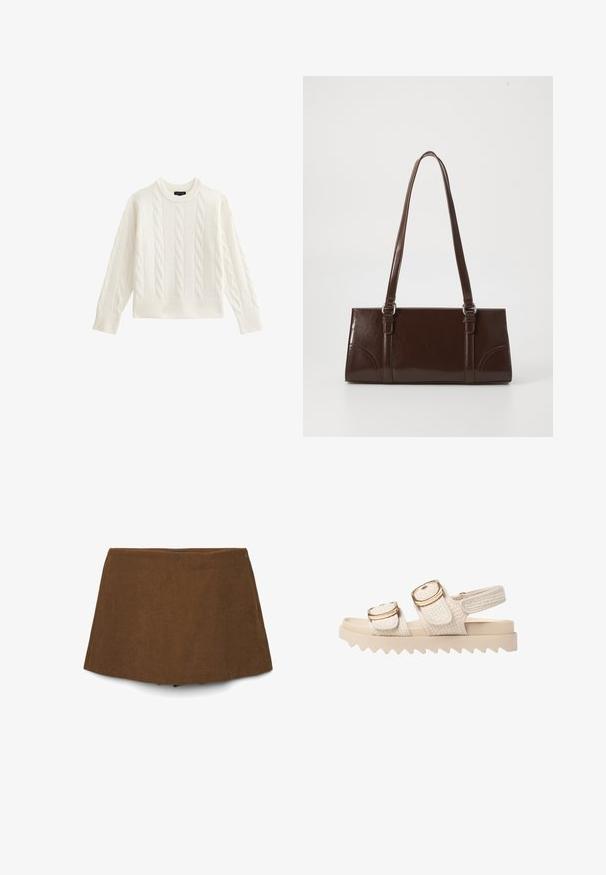 White cable knit wool sweater with long sleeves and ribbed cuffs and hem, crew neckline, displayed on a white background.; Brown corduroy A-line mini skirt with a subtle side zipper, displayed against a white background.; Light beige sandals with textured fabric straps and gold-tone hardware. Chunky sole features zigzag pattern for added grip and stability.; Brown patent leather handbag with a rectangular shape, two long handles, and subtle curved accents on the front.