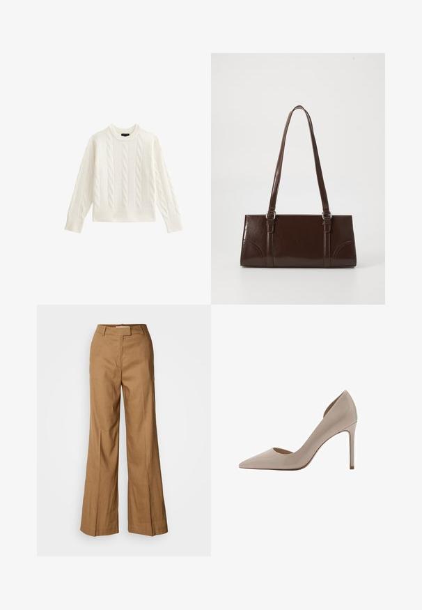 Biały sweter z wełny o splocie warkoczowym, z długimi rękawami oraz ściągaczem przy mankietach i u dołu, z okrągłym dekoltem, prezentowany na białym tle.; Brązowe spodnie o szerokich nogawkach wykonane z lekkiej tkaniny. Posiadają płaski przód, szlufki na pasek oraz dopasowany krój z długością do kostek.; Mango - Szpilki; Brązowa torebka z lakierowanej skóry o prostokątnym kształcie, z dwiema długimi rączkami i subtelnymi zaokrągleniami z przodu.; Srebrne kolczyki w kształcie obręczy z gładkim, wypolerowanym wykończeniem. Okrągły kształt z lekko zakrzywionym wzornictwem i zaokrąglonymi krawędziami. Zapięcie na szpilkę.