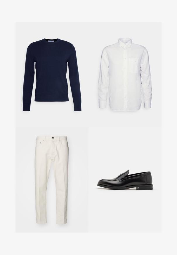 Navy blue crew-neck sweater made of soft fabric, featuring long sleeves and a ribbed hem. No visible patterns or embellishments.; Long-sleeve white shirt made of cotton, featuring a button-down collar, front pocket, and regular fit. Textured fabric with a smooth surface.; White cotton jeans with a straight leg design, featuring five pockets, a button closure, and minimal stitching details.; Black leather loafers with a smooth texture, rounded toe, and a decorative strap across the vamp. Low stacked heel, minimalist design.