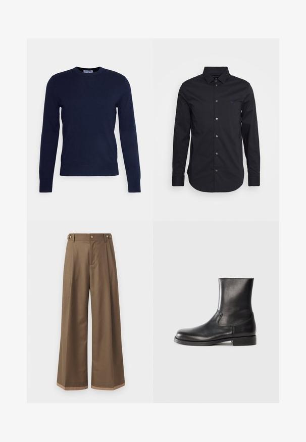 Tengerészkék, kerek nyakú pulóver, puha anyagból készült, hosszú ujjal és bordás szegéllyel. Nincsenek látható minták vagy díszítések.; Fekete, hosszú ujjú gombos ing sima anyagból készült, klasszikus gallérral, teljes hosszúságú ujjal és egy kis logóval a mellkason.; Sötétbarna anyagú, bővített szárú nadrág, két oldalsó zsebbel, két díszítő elülső gombbal és kontrasztos szegérrésszel.; Fekete bőr bokacsizma sima felülettel, kerek orral, elasztikus oldalsó panelek mellett és alacsony, texturált gumitalppal.