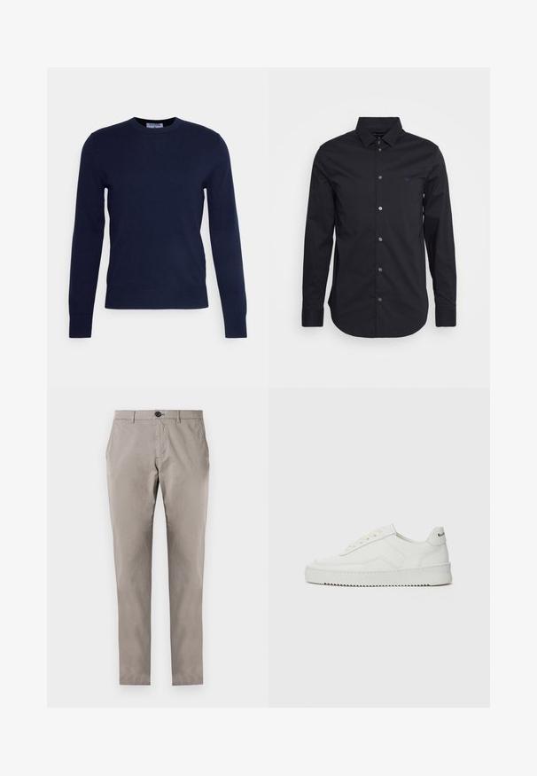 Námornícky modrý sveter s okrúhlym výstrihom vyrobený z mäkkého materiálu, s dlhými rukávmi a rebrovaným lemom. Žiadne viditeľné vzory ani ozdoby.; Čierna košeľa s dlhým rukávom a gombíkmi vyrobená z hladkej tkaniny, s klasickým golierom, plnými rukávmi a malým logom na hrudi.; Sivé bavlnené nohavice so rovný strihom, vybavené zapínaním na gombík, prednými vreckami a hladkou textúrou. Žiadne iné detaily ani vzory nie sú viditeľné.; Biele kožené tenisky s hladkým povrchom, okrúly špičkový dizajn, ploché šnúrky a textúrovaná podrážka. Obsahujú jemné logo na päte.