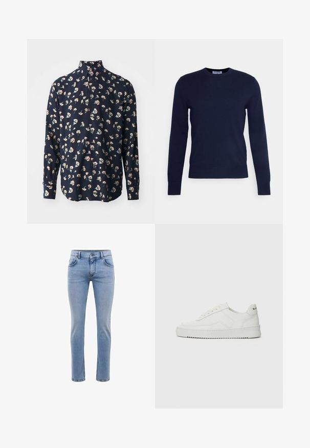 Námorně modrý svetr s výstřihem do kulata vyrobený z měkké tkaniny, má dlouhé rukávy a žebrovaný lem. Žádné viditelné vzory ani ozdoby.; Paul Smith REGULAR FIT SHIRT - Košile - black; Svetle modré džíny z denimu s úzkým střihem, pět kapsami a rovnými nohavicemi. Obsahují zip a poutka na opasek. Měkká textura.; Bílé kožené tenisky s hladkým povrchem, kulatou špičkou, plochými tkaničkami a texturovanou podrážkou. Na patě se nachází nenápadné logo.
