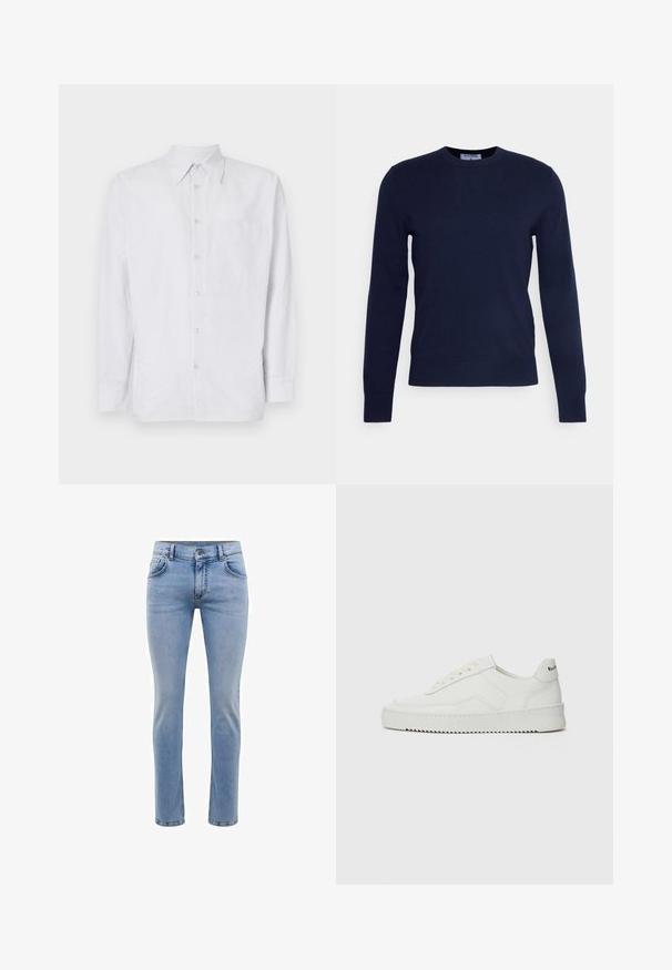 Marineblå genser med rund hals laget av myk stoff, med lange ermer og ribbestrikket linning. Ingen synlige mønstre eller detaljer.; Stripet skjorte med knapper laget av lett stoff, med brystlomme, lange ermer og krage i lyseblå og hvite toner.; Lyseblå denimjeans med slim fit, fem lommer og rett bendesign. Har glidelås og beltehemper. Myk tekstur.; Hvite lærersneakers med en jevn overflate, rund tå, flate lisser og en teksturert såle. Har en subtil logo på hælen.