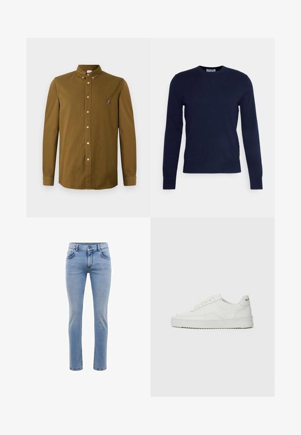 Tengerészkék, kerek nyakú pulóver, puha anyagból készült, hosszú ujjal és bordás szegéllyel. Nincsenek látható minták vagy díszítések.; Barna hosszú ujjú ing, gombos gallérral, kis, többszínű hímzett mintával a mellrészen, valamint világos színű gombokkal.; Világoskék farmernadrág, karcsú szabású, öt zsebes, egyenes lábbal. Cipzáros záródás és övhurkok jellemzik. Puha tapintású.; Fehér bőr sportcipő sima felülettel, kerek orral, lapos fűzőkkel és texturált talppal. Finom logó található a sarokon.