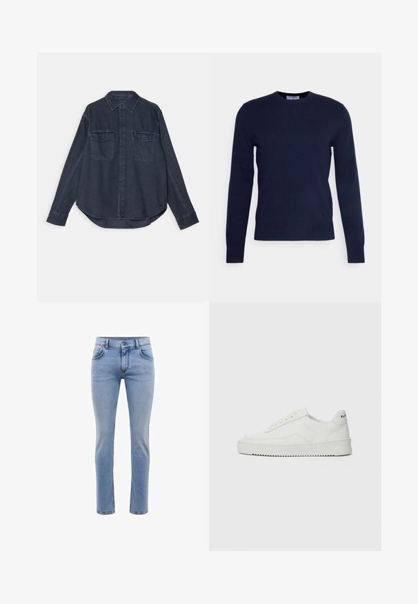 Navy blue crew-neck sweater made of soft fabric, featuring long sleeves and a ribbed hem. No visible patterns or embellishments.; Dark blue denim shirt with a button-up front, pointed collar, two chest pockets, and long sleeves featuring buttoned cuffs.; Light blue denim jeans with a slim fit, five pockets, and a straight leg design. Features a zipper fly and belt loops. Soft texture.; White leather sneaker with a smooth finish, round toe, flat laces, and a textured sole. Features a subtle logo on the heel.