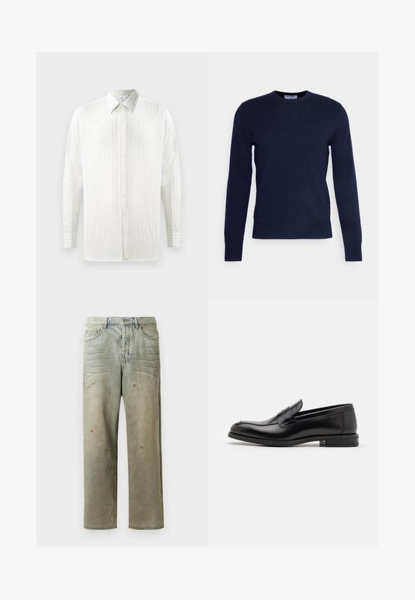 Navy blue crew-neck sweater made of soft fabric, featuring long sleeves and a ribbed hem. No visible patterns or embellishments.; White long-sleeve shirt with thin vertical stripes, button-up design, pointed collar, and cuff detailing. Made from lightweight fabric.; Distressed denim jeans in light green, featuring a straight leg, five-pocket design, and uneven fading with paint splatters.; Black leather loafers with a smooth texture, rounded toe, and a decorative strap across the vamp. Low stacked heel, minimalist design.