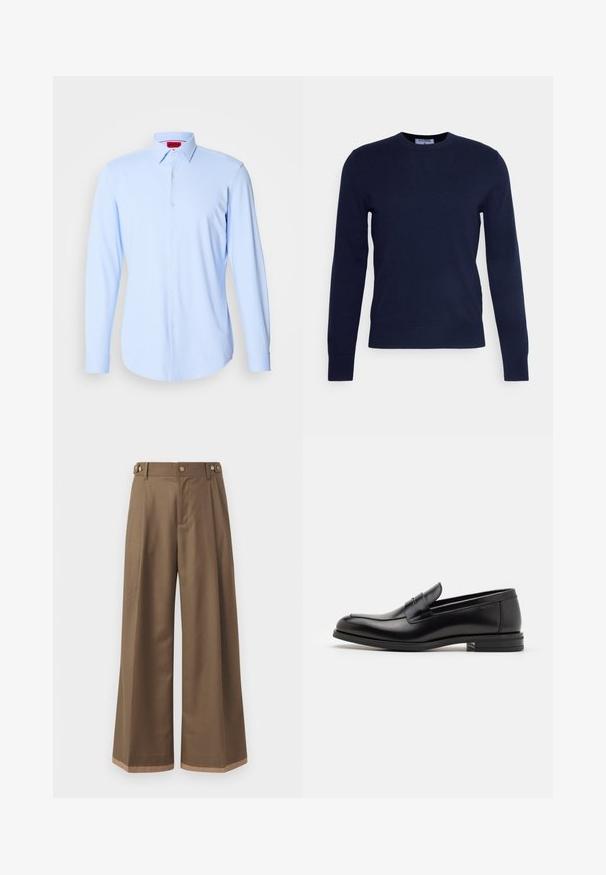 Tummansininen pyöreäkauluksinen neulepusero, joka on valmistettu pehmeästä kankaasta ja jossa on pitkät hihat sekä resorihelma. Ei näkyviä kuvioita tai koristeluita.; Vaaleansininen pitkähihaisuus paita, joka on valmistettu sileästä kankaasta. Paidan edessä on napitus, leveä kaulus ja pyöristetyt helmareunat. Brändilappu näkyy kauluksessa.; Valkoiset housut tummasta ruskeasta kankaasta, joissa on kaksi sivutaskua, kaksi koristeellista etunappia ja kontrastivärinen helma.; Mustat nahkakengät, joissa on sileä pinta, pyöreä kärki ja koristeellinen nauha jalkapöydän yli. Matala pinoitu koroke, minimalistinen muotoilu.