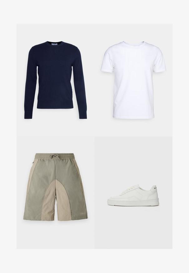 Tumedat navy-sinise värvi ümarkaelusega soojusjakid, mis on valmistatud pehmest kangast, pikkade varrukate ja ribakujulise alläärega. Pole nähtavaid mustreid ega kaunistusi.; Valge lühikeste varrukatega t-särk puuvillaste kangast, ümmarguse kaelusega. Lihtne disain, ilma mustrite ja detailideta. Sile tekstuur.; Kerged lühikesed püksid elastse vöökohtaga, millel on oliivroheliste ja beežide paneelide segu ning tekstureeritud viimistlus.; Valge nahast tennis, millel on sile põhi, ümar varvas, lamedad nöörid ja tekstuuriline tall. Sisaldab diskreetset logo kontsaribal.