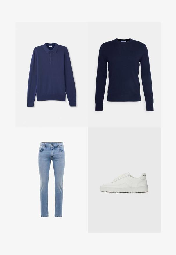 Dunkelblauer Rundhalsausschnitt-Pullover aus weichem Material, mit langen Ärmeln und geripptem Saum. Keine sichtbaren Muster oder Verzierungen.;  marineblaues langärmliges Polo-Sweatshirt aus weichem Strickmaterial. Mit klassischem Kragen, drei Knöpfen sowie gerippten Bündchen und Saum.; Hellblaue, slim-fit Jeans aus Denim mit fünf Taschen und geradem Bein. Mit Reißverschluss und Gürtelschlaufen ausgestattet. Weicher Stoff.; Weiße Ledersneaker mit glatter Oberfläche, runder Zehenpartie, flachen Schnürsenkeln und strukturiertem Sohlenprofil. Mit einem dezenten Logo an der Ferse.