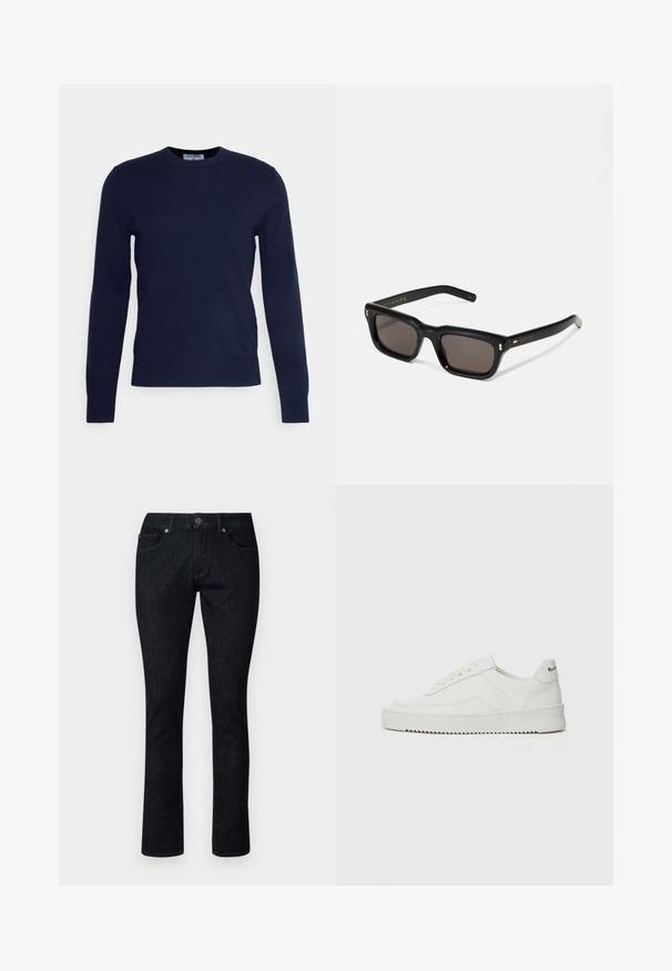 Mornariće plava majica s okruglim izrezom napravljena od mekog materijala, s dugim rukavima i rebrastim donjim rubom. Nema vidljivih uzoraka ili ukrasa.; Tamnosive traperice s ravnim nogavicama, sa prednjim džepovima, dugmetom za zatvaranje i kontrastnim šavovima. Nema vidljivih uzoraka ili habanja.; Bijele kožne tenisice s glatkom površinom, okruglim vrhom, ravnim vezicama i teksturiranom potplatom. Imaju suptilan logo na peti.; Crne pravokutne sunčane naočale s tamnim lećama, debelim plastičnim okvirom, zlatnim akcentima na sljepoočnicama i logotipom marke ugraviranim na dršku.