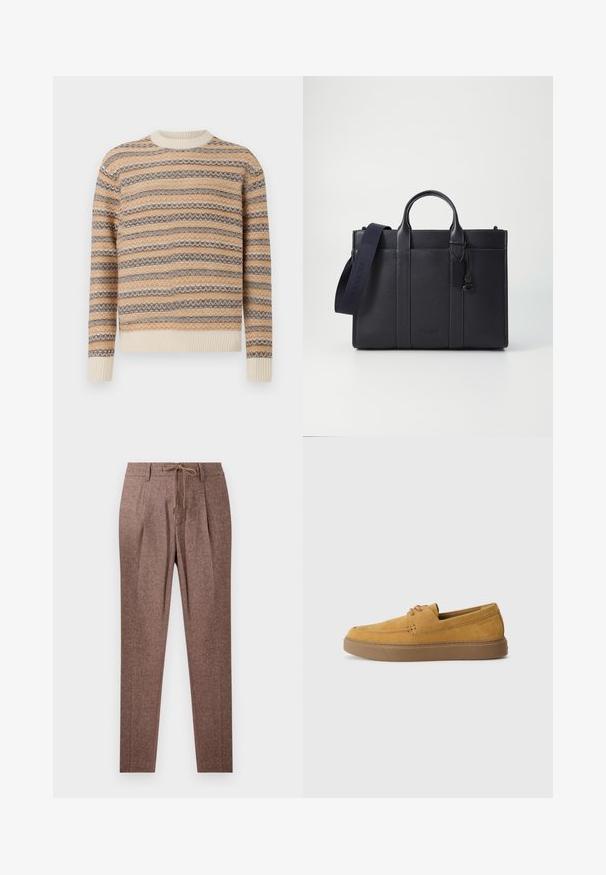 Pleteni pulover u bež, smeđoj i krem boji s uzorkom u cik-cak prugama. Ima okrugli dekolte te rebraste manžetne i donji rub.; Smeđe, teksturirane hlače s uzorkom riblje kosti, s pojasom na vezanje i dva prednja nabora. Ravne nogavice.; Smeđe suede slip-on cipele s teksturiranim završetkom, okruglim vrhom i kontrastnom gumenom potplatom. Karakterizira ih suptilno brendiranje blizu pete.; Tamno plavi kožni aktovka s dvije gornje ručke i odvojivim remenom. Ima teksturiranu površinu, vertikalno šivenje i detalj s logotipom.