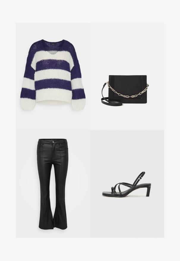 Vero Moda Petite VMERIN STRIPE V NECK - Maglione - astral aura/birch; Pantaloni neri a campana con una finitura lucida simile alla pelle, dotati di tasche frontali, chiusura con bottone e fessure laterali all'orlo.; Sandalo nero con cinturini, dalla punta squadrata e tacco basso a blocco. Presenta diversi cinturini sottili e una cinturini regolabile alla caviglia. Realizzato in pelle liscia.; Borsa a tracolla nera in pelle con una texture liscia, forma rettangolare e dettaglio in catena metallica sul davanti. Inclusa una tracolla regolabile.; Anello doppio in argento con superficie liscia e lucida. Presenta un design fluido e curvo con sezioni sovrapposte per un aspetto moderno.