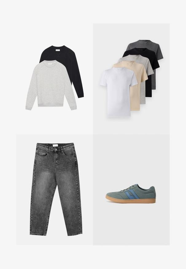 Zwei Langarm-Sweatshirts mit Rundhalsausschnitt, eines hellgrau und vorne übereinandergelegt, das andere schwarz, beide mit gerippten Bündchen und Saum.; Set aus fünf Kurzarm-T-Shirts in Weiß, Beige, Hellgrau, Dunkelgrau und Schwarz. Hergestellt aus glattem Baumwollmaterial, mit Rundhalsausschnitt.; Schwarz gewaschene gerade Jeans mit vorderen und hinteren Taschen, Gürtelschlaufen und einem Knopfverschluss an der Taille.; Hellgrüner Wildleder-Sneaker mit blauen Akzenten, flachen Schnürsenkeln und einer beigen Gummisohle. Abgerundete Spitze und modernes, flaches Design.
