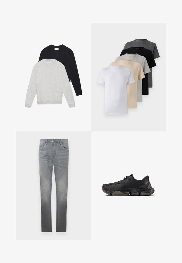 Divas garām piedurknēm, pelēkā un melnā krāsā, ar ribotiem piegriezumiem un apakšmalu. Pelēkā ir priekšā un melnā aiz tās.; Piecu īsām piedurknēm T-kreklu komplekts baltā, bēšā, gaiši pelēkā, tumši pelēkā un melnā krāsā. Izgatavoti no gludas kokvilnas, ar apaļu kakla izgriezumu.; Pelēki denim džinsi ar izbalējušu dizainu, piecu kabatu stils, pogu aizdare un taisna kāju forma. Gluda tekstūra ar nelielu nodilumu malās.; Melna sporta kedu kurpe ar teksturētu zoli, ādas un zamšāda augšdaļu, mīkstinātu apkakli un savilcēju aizdari, parādīta sānu profilā.