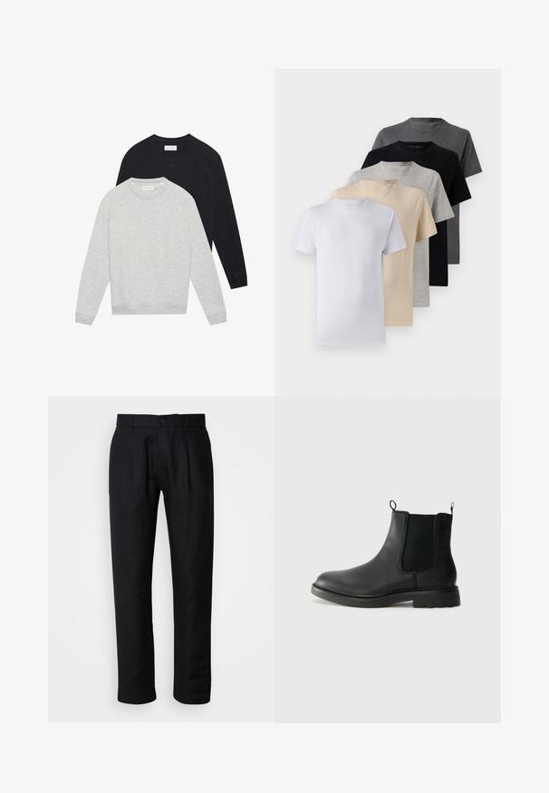 Két hosszú ujjú, kerek nyakú pulóver, az egyik világosszürke elöl, a másik fekete, mindkettő bordázott mandzsettával és aljjal rendelkezik.; Öt darab rövid ujjú póló szett fehér, bézs, világosszürke, sötétszürke és fekete színekben. Simaságot biztosító pamutból készült, kerek nyakkivágással.; Fekete egyenes szárú nadrág övhurkokkal, elöl gombos záródással és oldalzsebekkel, világos háttér előtt bemutatva.; Fekete bőrből készült chelsea csizma, elasztikus oldalsó panelekkel, húzófülekkel, lekerekített orral és struktúrált gumitalppal. Simább felszín és masszív kialakítás.