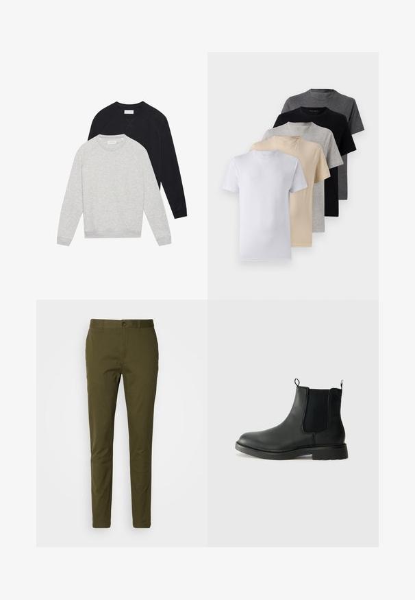 Deux sweat-shirts à col rond à manches longues, l'un gris clair superposé devant un noir, tous deux avec des poignets et un ourlet côtelés.; Ensemble de cinq t-shirts à manches courtes en blanc, beige, gris clair, gris foncé et noir. Fabriqués en coton doux, présentant un design à col rond.; Pantalons vert olive en coton lisse, dotés d'une fermeture à bouton, d'une coupe ajustée et de détails de couture minimalistes sur la taille.; Bottines Chelsea en cuir noir avec des panneaux élastiques sur les côtés, des languettes de tirage, un bout arrondi et une semelle en caoutchouc texturée. Surface lisse et design robuste.