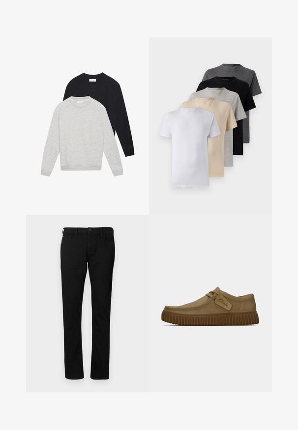 Dvě mikiny s dlouhým rukávem a kulatým výstřihem, jedna světle šedá položená před černou, obě s žebrovanými manžetami a lemem.; Sada pěti triček s krátkým rukávem v bílé, béžové, světle šedé, tmavě šedé a černé barvě. Vyrobena z hladké bavlny, s designem kulatého výstřihu.; Černé džíny s úzkým střihem, které mají přední kapsy, poutka na opasek a zapínání na knoflík. Hladká textura s jednobarevným provedením.; Světle hnědé suede boty s kulatou špičkou, prošívanými detaily a ribbovanou hnědou gumovou podrážkou. Disponují bočním štítkem s logem "Clarks".