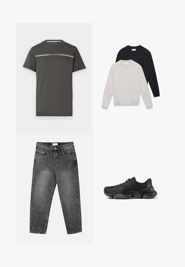 Kaksi pitkähihasta crewneck-hupparia, yksi vaaleanharmaa kerros mustan päällä, molemmissa ribbaatut hihansuut ja helma.; Harmaa lyhythihainen t-paita, joka on valmistettu puuvillasta, pyöreällä kaula-aukolla ja vaaleansinisellä vaakaraitakuviolla rinnan alueella.; Mustat pesetyt suorat farkut, joissa on etu- ja takataskut, vyölenkit ja nappisuljenta vyötäröllä.; Musta urheilukengät, joissa on tekstuuripohja, nahasta ja mokasta valmistettu päällinen, pehmustettu nilkka, ja nauhakiinnitys, esitetty sivuprofiilissa.