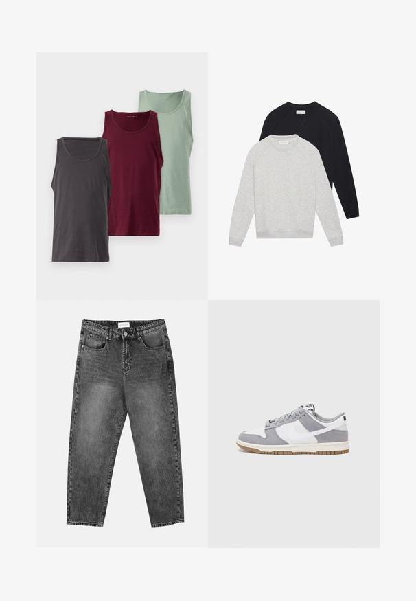 Duas sweatshirts de manga longa com gola redonda, uma cinza claro colocada à frente de uma preta, ambas com punhos e bainha canelados.; Três camisetas de alças em várias cores: cinza escuro, bordô e verde claro. Cada uma apresenta uma textura suave e um decote arredondado.; Jean straight-leg preto deslavado com bolsos frontais e traseiros, passantes para cinto e fecho de botão na cintura.; Sapatilha cinza e branca com um cabedal em camurça e couro, biqueira arredondada, atacadores planos e sola de borracha com um detalhe em boracha.