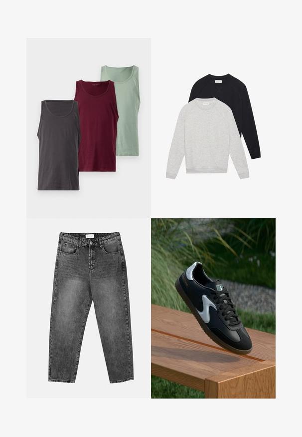 Twee langslavende sweatshirts met ronde hals, één lichtgrijs voor één zwart, beide met ribgebreide manchetten en zoom.; Drie tanktops in verschillende kleuren: donkergrijs, bordeauxrood en lichtgroen. Elke top heeft een gladde textuur en een ronde halslijn.; Zwart gewassen rechte jeans met voor- en achterzakken, riemlussen en een knoopsluiting in de taille.; Zwart-witte sport schoen met een gladde leren bovenkant, een gestructureerde zool en contrasterende accenten. Kenmerkt zich door een logo op de zijkant en veters.
