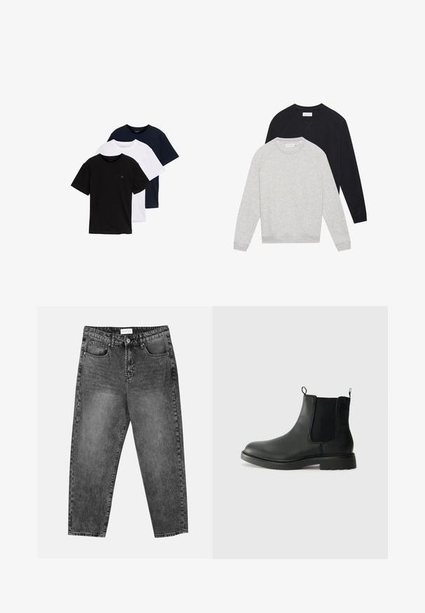 Twee langslavende sweatshirts met ronde hals, één lichtgrijs voor één zwart, beide met ribgebreide manchetten en zoom.; Set van drie T-shirts met korte mouwen in zwart, wit en donkerblauw. Gemaakt van katoen, met een ronde hals en een klein logo op de borst.; Zwart gewassen rechte jeans met voor- en achterzakken, riemlussen en een knoopsluiting in de taille.; Zwarte leren chelsea boots met elastische zijpanelen, trekflappen, ronde neus en een gegoten rubberen zool. Gladde oppervlakte en stevige constructie.