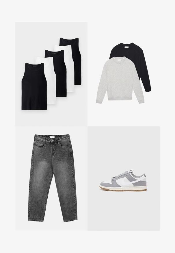 Kaksi pitkähihasta crewneck-hupparia, yksi vaaleanharmaa kerros mustan päällä, molemmissa ribbaatut hihansuut ja helma.; Viisi ilman hihoja olevaa t-paitaa mustasta ja valkoisesta puuvillakankaasta. Ominaisuuksina pyöreät kaula-aukot, tiivis muotoilu ja yksinkertainen pinta.; Mustat pesetyt suorat farkut, joissa on etu- ja takataskut, vyölenkit ja nappisuljenta vyötäröllä.; Harmaa ja valkoinen lenkkari, jossa on mokka- ja nahkapinta, pyöreä kärki, litteät nauhat ja kumipohja, jossa on vaahtomuoviväri.