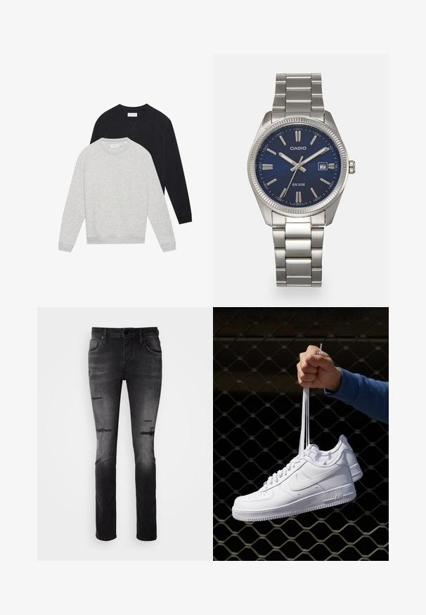 Dvě mikiny s dlouhým rukávem a kulatým výstřihem, jedna světle šedá položená před černou, obě s žebrovanými manžetami a lemem.; Černé džíny z denimu s přiléhavým střihem, které mají zabroušené detaily a hladkou texturu. Styl s pěti kapsami, se zapínáním na zip a knoflíkovým uzávěrem.; Bílé kožené tenisky s perforacemi, kulatou špičkou, plochou podrážkou a silnými tkaničkami, které mají viditelné logo swoosh a nápis "AIR" na patě.; Stříbrný nerezový náramkový hodinky s navy modrým ciferníkem, kovovými hodinovými značkami a oknem pro datum na hodině 3. Vodotěsné do 50 metrů.