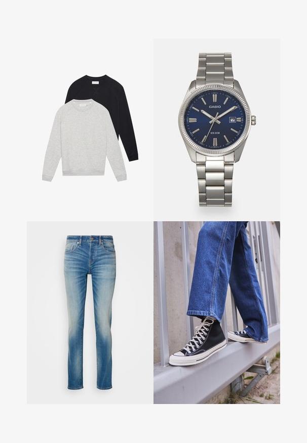 To lange sweatshirt med lange ærmer og rund hals, en lysegrå foran en sort, begge med ribbede manchetter og kant.; Lysblå denimjeans med lige pasform, der har fem lommer og diskret falming på lårene. Metalknap og lynlås lukning.; Sorte høj-top sneakers med hvid sål og snørebånd, parret med løse blå denimjeans, hvilende på et gråt gelænder.; Sølv rustfrit stål urrem med en marineblå urskive, metallic timemarkører og et datovindue kl. 3. Vandafvisende op til 50 meter.