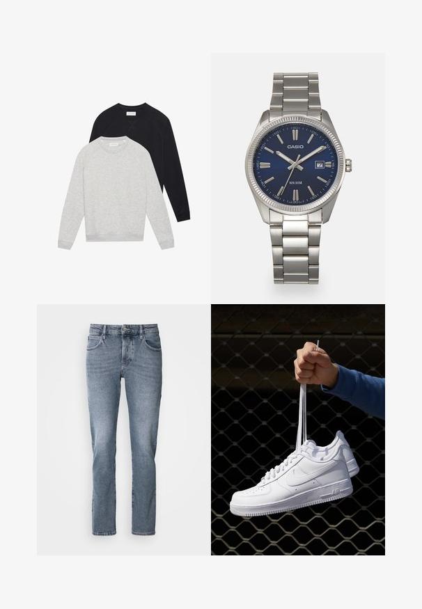 To lange sweatshirt med lange ærmer og rund hals, en lysegrå foran en sort, begge med ribbede manchetter og kant.; Lyseblå denimjeans med lige pasform, fem-lomme design og subtilt slid. Har en knaplukning og bælteløkker.; Hvide lædersneakers med perforeringer, rund tå, flad sål og tykke snørebånd, med et synligt swoosh-logo og "AIR" på hælen.; Sølv rustfrit stål urrem med en marineblå urskive, metallic timemarkører og et datovindue kl. 3. Vandafvisende op til 50 meter.