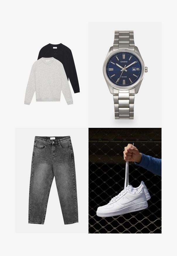 Kaks pikka varrukat kaelussweatshirtit, üks heledashall, mille peal on must, mõlemal soonikilised varrukasuud ja alläär.; Mustad pestudega sirged teksad, millel on ees ja taga taskud, vööniidid ja nööbiga sulgemine vöö ümber.; Valged nahast tennisetossud, millel on perforatsioonid, ümar nina, lame tallus ja paksud nöörid, nähtava swooshi logoga ja "AIR" kontsadel.; Hõbedane roostevabast terasest käekell, tumesinise lõpliku, metallsete tuntud numbrite ja kuupäevanäidikuga kell 3 juures. Veekindel kuni 50 meetrit.