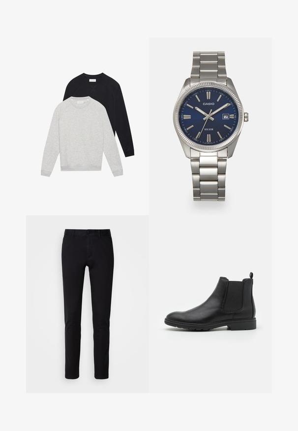 Dvě mikiny s dlouhým rukávem a kulatým výstřihem, jedna světle šedá položená před černou, obě s žebrovanými manžetami a lemem.; Černé kalhoty vyrobené z hladké bavlněné tkaniny, s rovnými nohavicemi, předními kapsami, zapínáním na knoflík a čistým zakončením.; Černé kožené Chelsea boty s elastickými bočními panely a poutkem, s kulatou špičkou a texturovanou gumovou podrážkou.; Stříbrný nerezový náramkový hodinky s navy modrým ciferníkem, kovovými hodinovými značkami a oknem pro datum na hodině 3. Vodotěsné do 50 metrů.